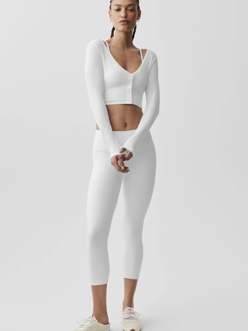 ALO Yoga White Ribbed Long Sleeve Cropped Whisper Cardigan